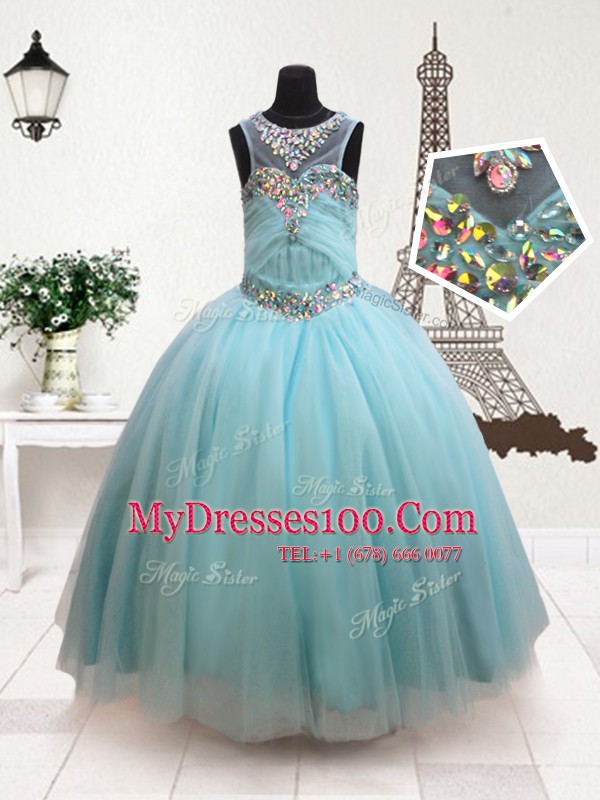 Luxury Scoop Aqua Blue Zipper Little Girls Pageant Gowns Beading Sleeveless Floor Length