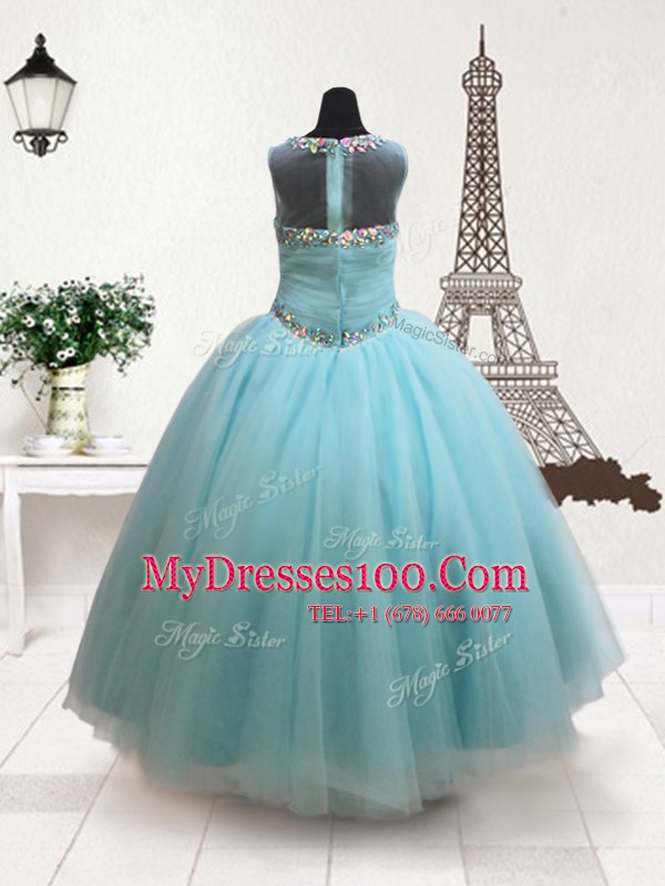 Luxury Scoop Aqua Blue Zipper Little Girls Pageant Gowns Beading Sleeveless Floor Length