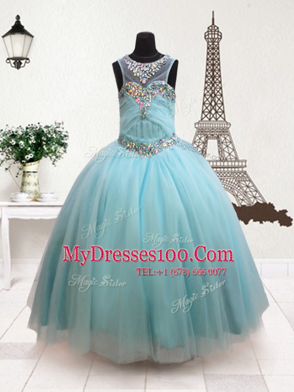 Luxury Scoop Aqua Blue Zipper Little Girls Pageant Gowns Beading Sleeveless Floor Length