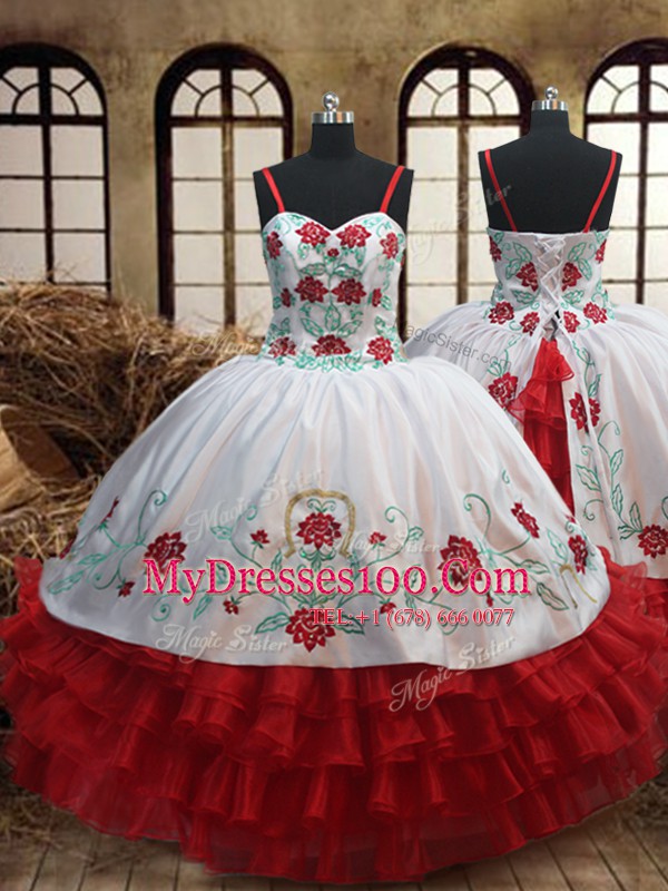 Suitable Floor Length White and Red Little Girls Pageant Gowns Organza Sleeveless Embroidery and Ruffled Layers