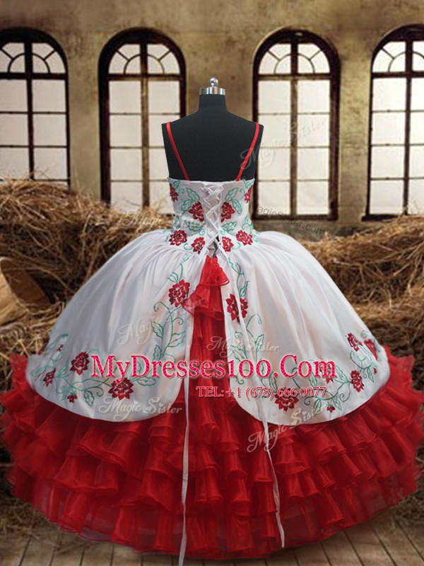 Suitable Floor Length White and Red Little Girls Pageant Gowns Organza Sleeveless Embroidery and Ruffled Layers
