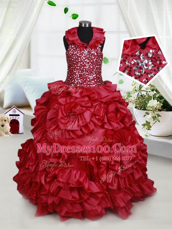 Fabulous Halter Top Floor Length Wine Red Flower Girl Dresses Taffeta Sleeveless Beading and Ruffles and Sequins