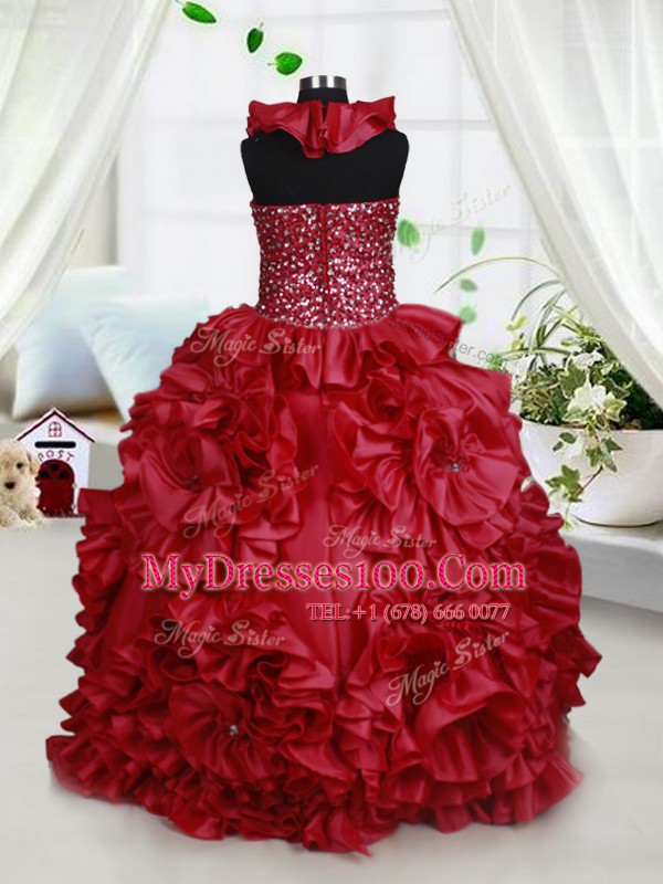 Fabulous Halter Top Floor Length Wine Red Flower Girl Dresses Taffeta Sleeveless Beading and Ruffles and Sequins