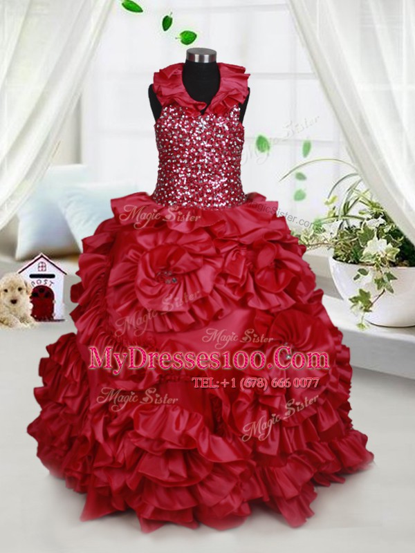 Fabulous Halter Top Floor Length Wine Red Flower Girl Dresses Taffeta Sleeveless Beading and Ruffles and Sequins