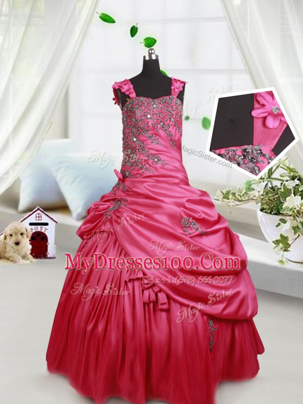 Straps Sleeveless Floor Length Beading and Appliques and Pick Ups Lace Up Little Girl Pageant Gowns with Hot Pink