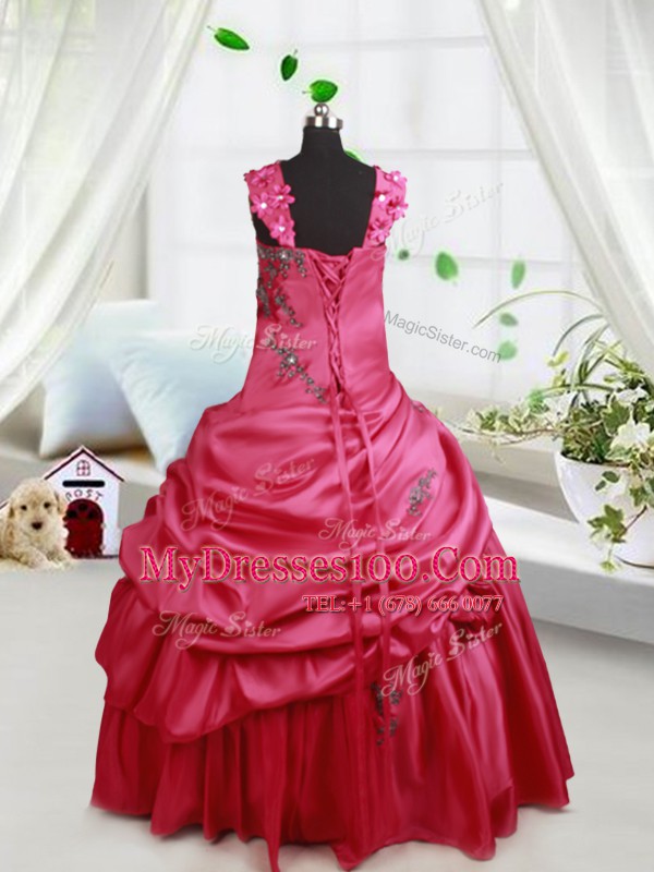 Straps Sleeveless Floor Length Beading and Appliques and Pick Ups Lace Up Little Girl Pageant Gowns with Hot Pink