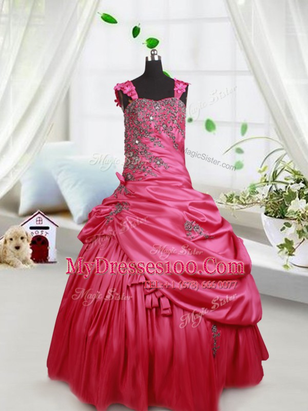 Straps Sleeveless Floor Length Beading and Appliques and Pick Ups Lace Up Little Girl Pageant Gowns with Hot Pink