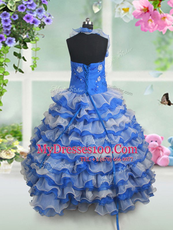 Spectacular Ruffled Floor Length Blue And White Flower Girl Dress Halter Top Sleeveless Lace Up