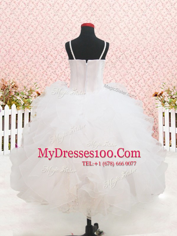 Smart Sleeveless Organza Floor Length Zipper Kids Pageant Dress in White with Beading and Lace and Ruffles