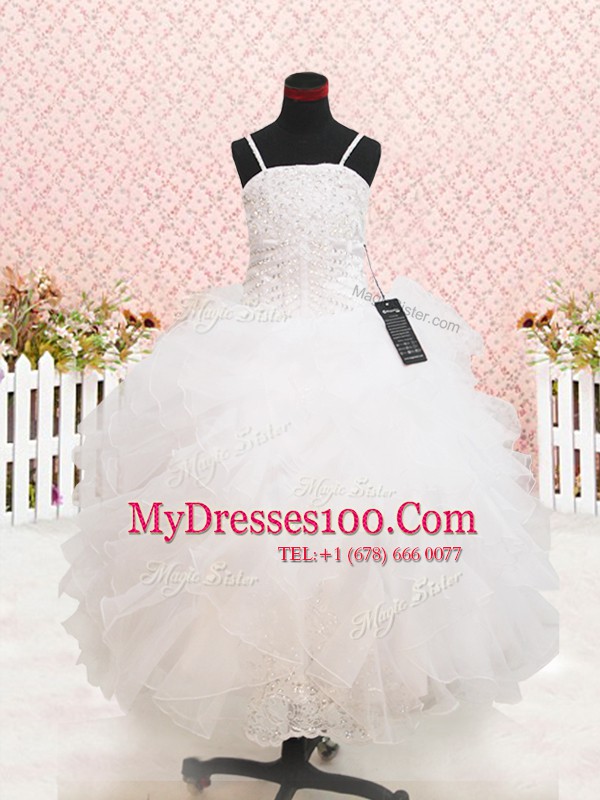 Smart Sleeveless Organza Floor Length Zipper Kids Pageant Dress in White with Beading and Lace and Ruffles
