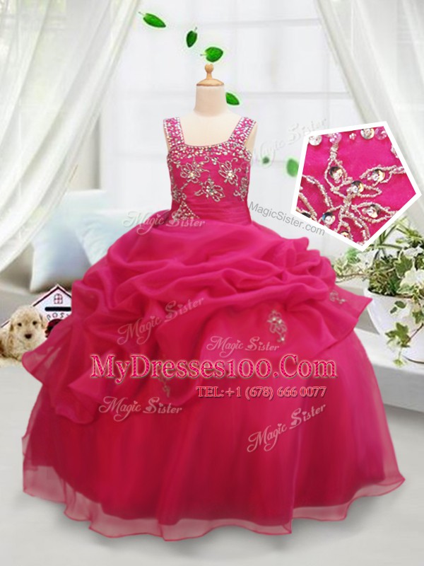 Graceful Hot Pink Little Girls Pageant Dress Wholesale Quinceanera and Wedding Party and For with Beading and Pick Ups Square Sleeveless Zipper