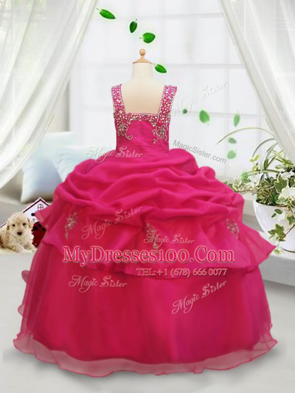 Graceful Hot Pink Little Girls Pageant Dress Wholesale Quinceanera and Wedding Party and For with Beading and Pick Ups Square Sleeveless Zipper