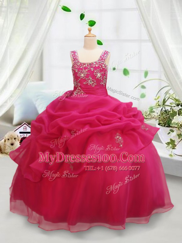 Graceful Hot Pink Little Girls Pageant Dress Wholesale Quinceanera and Wedding Party and For with Beading and Pick Ups Square Sleeveless Zipper