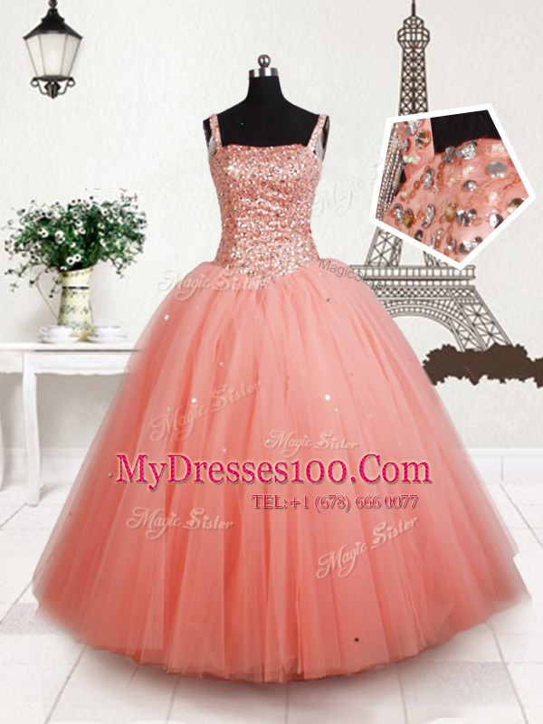 Straps Sleeveless Tulle Pageant Gowns For Girls Beading Lace Up