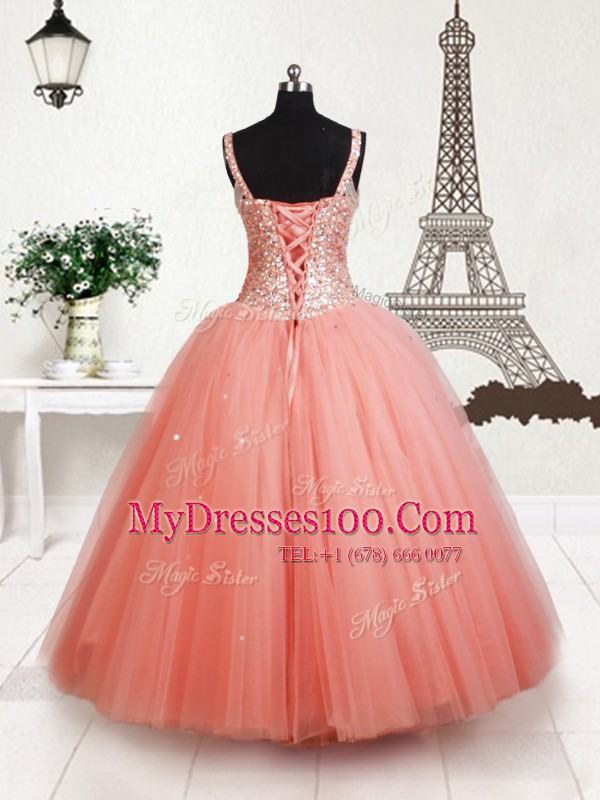 Straps Sleeveless Tulle Pageant Gowns For Girls Beading Lace Up