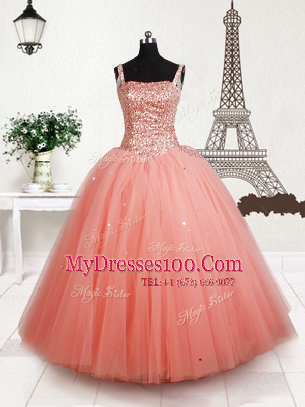 Straps Sleeveless Tulle Pageant Gowns For Girls Beading Lace Up