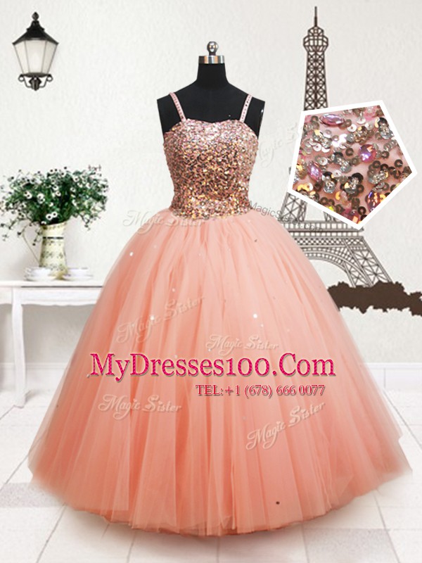 Fantastic Straps Sleeveless Zipper Floor Length Beading and Sequins Flower Girl Dresses for Less