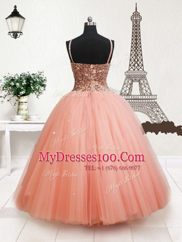 Fantastic Straps Sleeveless Zipper Floor Length Beading and Sequins Flower Girl Dresses for Less