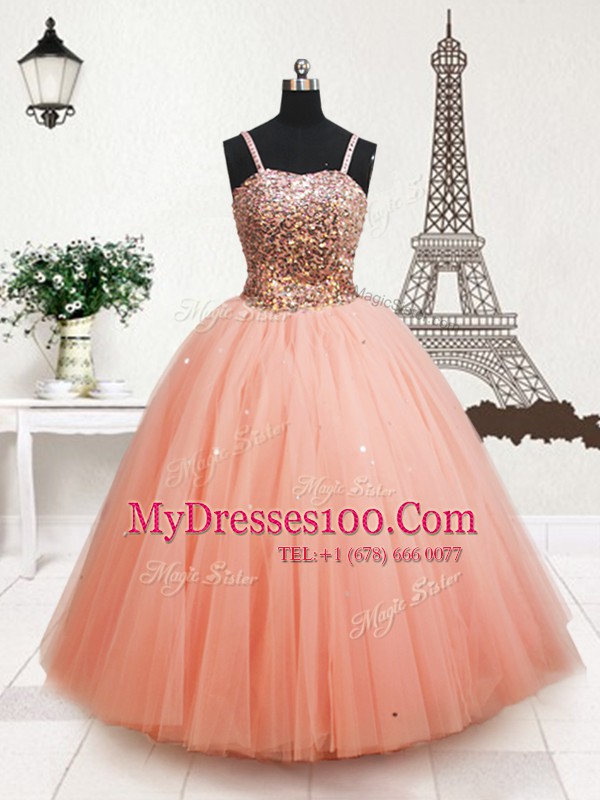 Fantastic Straps Sleeveless Zipper Floor Length Beading and Sequins Flower Girl Dresses for Less