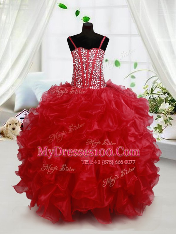 Organza Sleeveless Floor Length Toddler Flower Girl Dress and Beading and Ruffles