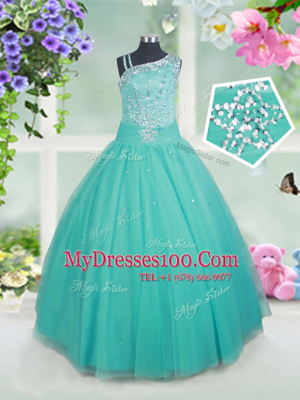 Turquoise Zipper Girls Pageant Dresses Beading Sleeveless Floor Length