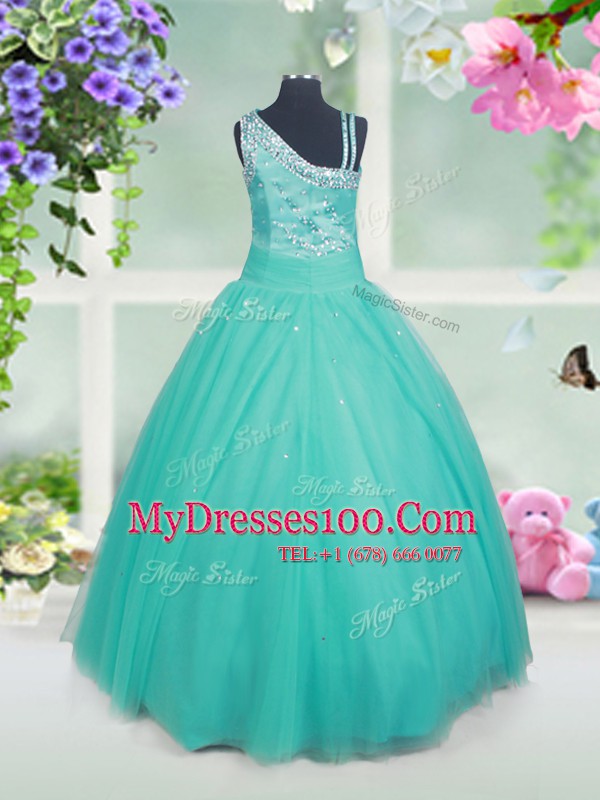 Turquoise Zipper Girls Pageant Dresses Beading Sleeveless Floor Length