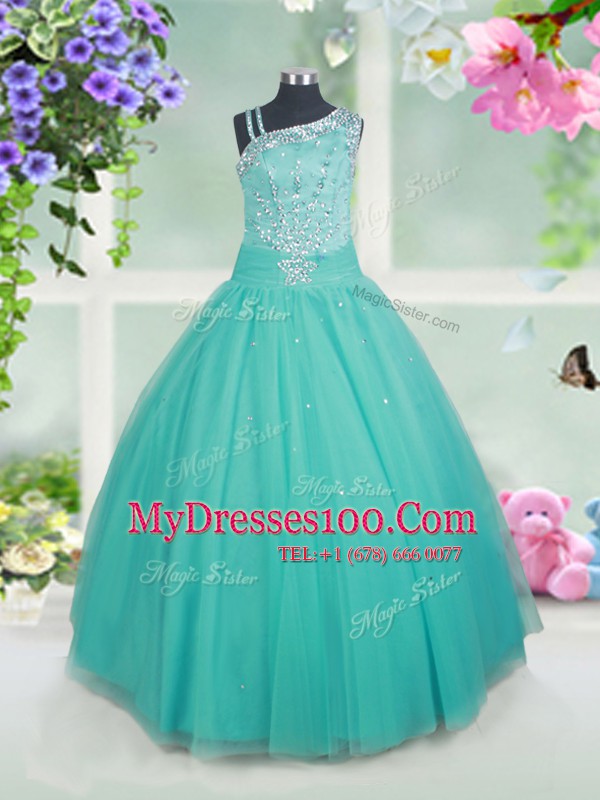 Turquoise Zipper Girls Pageant Dresses Beading Sleeveless Floor Length