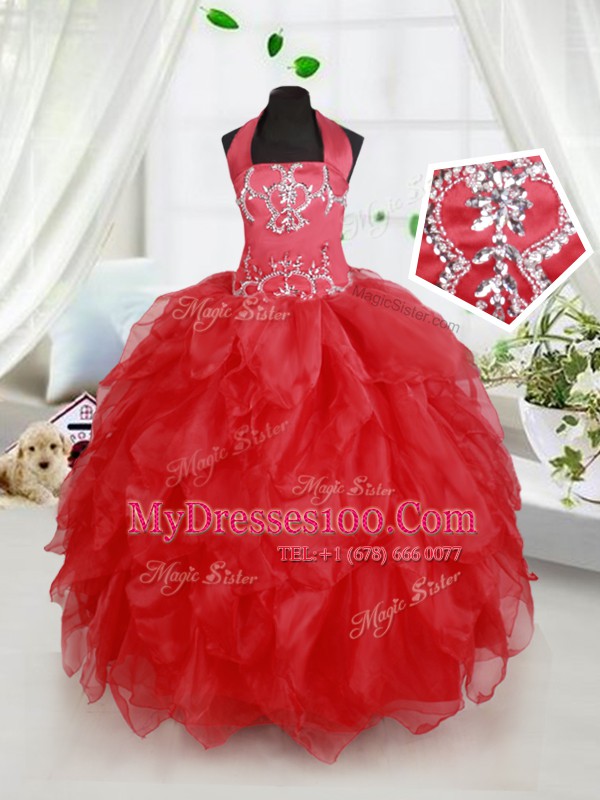 Red Ball Gowns Halter Top Sleeveless Organza Floor Length Lace Up Beading and Ruffles Child Pageant Dress