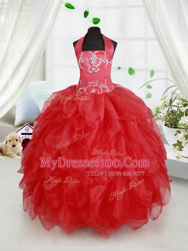 Red Ball Gowns Halter Top Sleeveless Organza Floor Length Lace Up Beading and Ruffles Child Pageant Dress