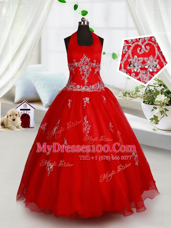 Halter Top Floor Length Ball Gowns Sleeveless Red Toddler Flower Girl Dress Lace Up