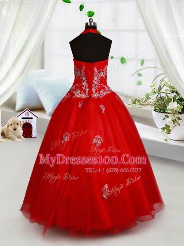 Halter Top Floor Length Ball Gowns Sleeveless Red Toddler Flower Girl Dress Lace Up