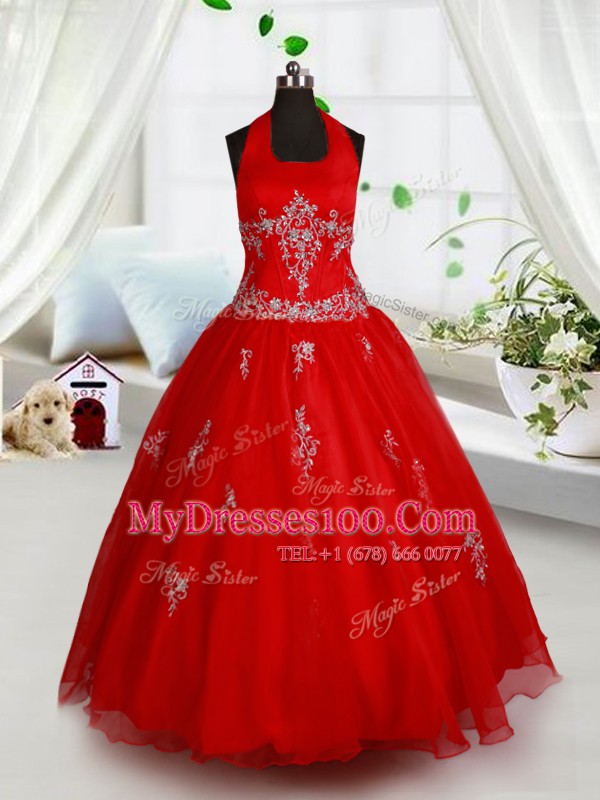 Halter Top Floor Length Ball Gowns Sleeveless Red Toddler Flower Girl Dress Lace Up