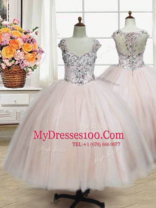 Straps Tulle Cap Sleeves Floor Length Child Pageant Dress and Beading