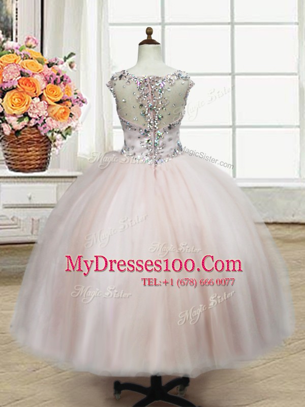 Straps Tulle Cap Sleeves Floor Length Child Pageant Dress and Beading