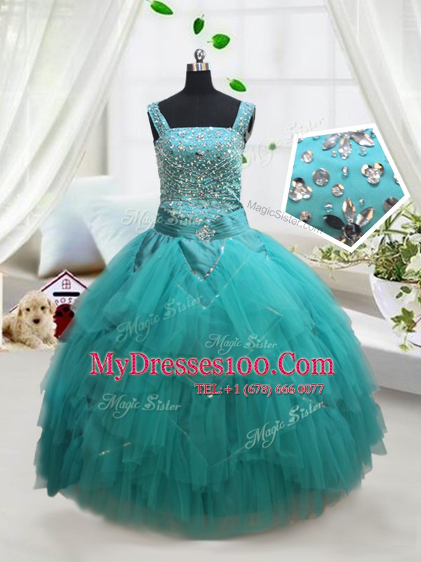 Custom Designed Square Sleeveless Beading and Ruffles and Belt Lace Up Little Girl Pageant Gowns