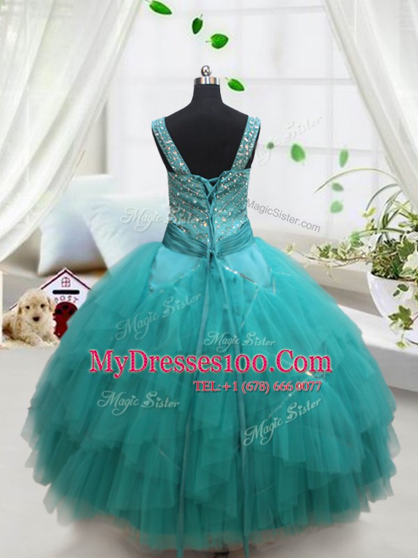 Custom Designed Square Sleeveless Beading and Ruffles and Belt Lace Up Little Girl Pageant Gowns