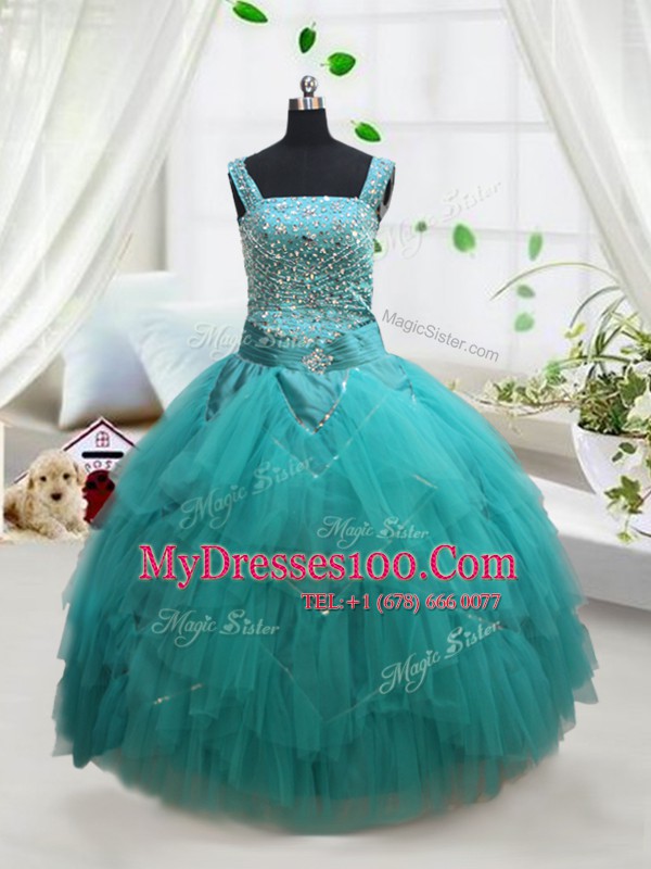 Custom Designed Square Sleeveless Beading and Ruffles and Belt Lace Up Little Girl Pageant Gowns
