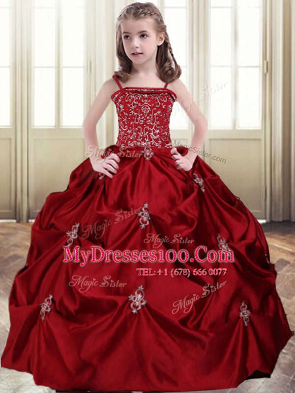 Modern Pick Ups Ball Gowns Toddler Flower Girl Dress Wine Red Spaghetti Straps Taffeta Sleeveless Floor Length Lace Up