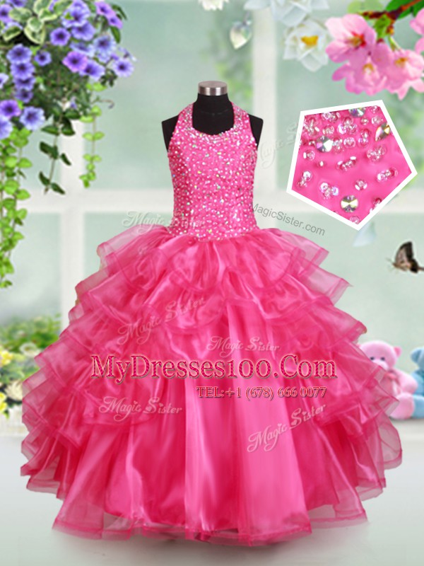 Artistic Halter Top Sleeveless Beading and Ruffled Layers Lace Up Flower Girl Dresses for Less