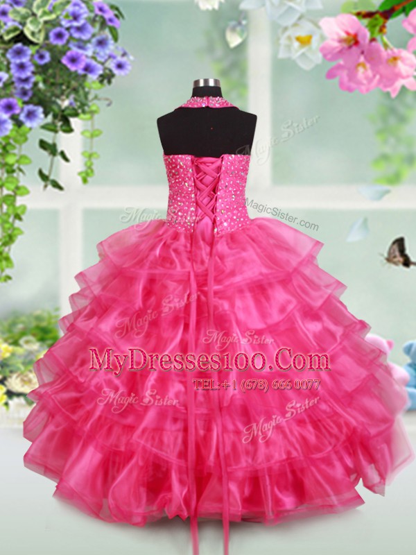 Artistic Halter Top Sleeveless Beading and Ruffled Layers Lace Up Flower Girl Dresses for Less