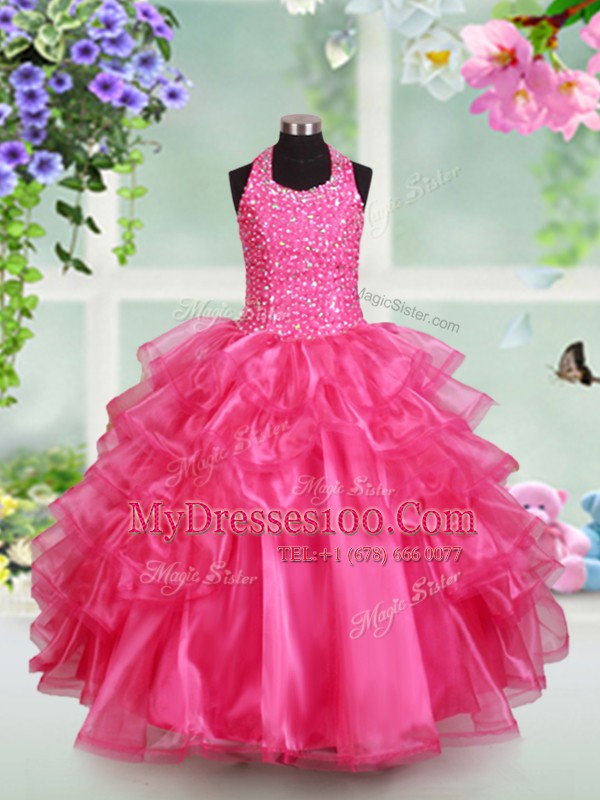 Artistic Halter Top Sleeveless Beading and Ruffled Layers Lace Up Flower Girl Dresses for Less