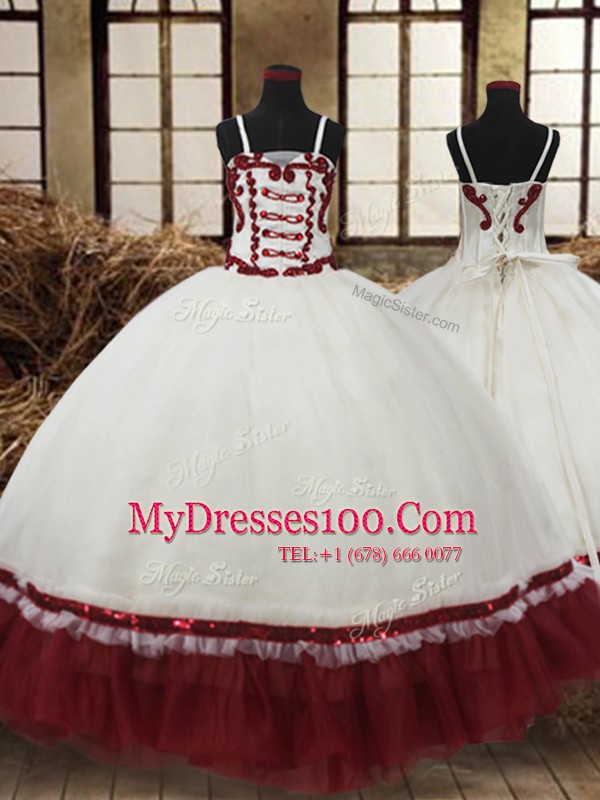 White and Wine Red Straps Neckline Beading Flower Girl Dresses Sleeveless Lace Up