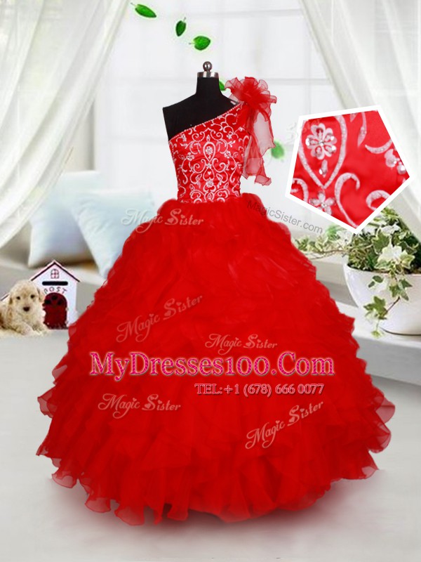 Red Little Girl Pageant Dress Quinceanera and Wedding Party and For with Beading and Ruffles and Hand Made Flower One Shoulder Sleeveless Lace Up