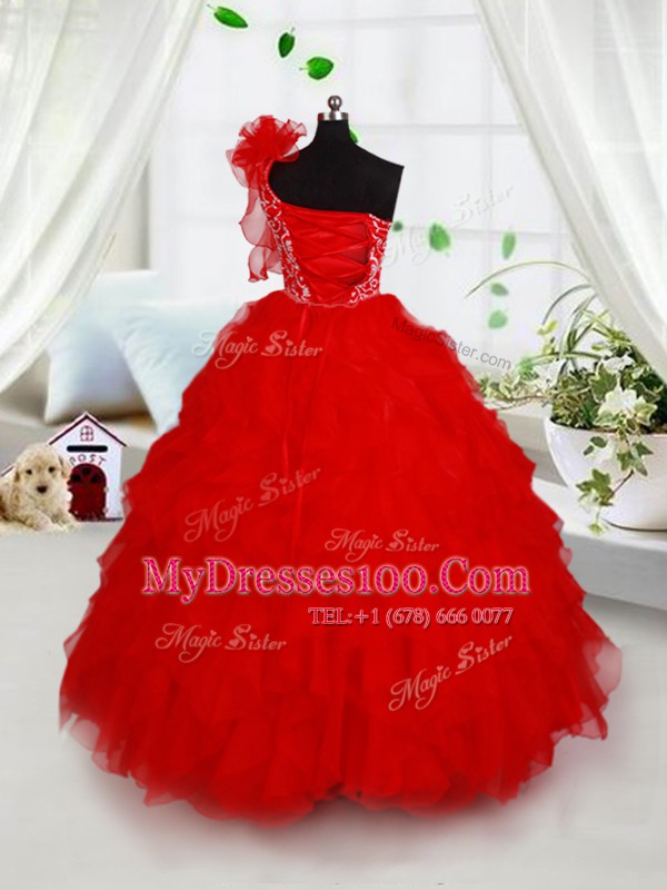 Red Little Girl Pageant Dress Quinceanera and Wedding Party and For with Beading and Ruffles and Hand Made Flower One Shoulder Sleeveless Lace Up