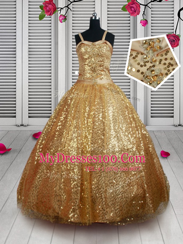 Flare Straps Sequins Floor Length Ball Gowns Sleeveless Gold Pageant Gowns For Girls Lace Up