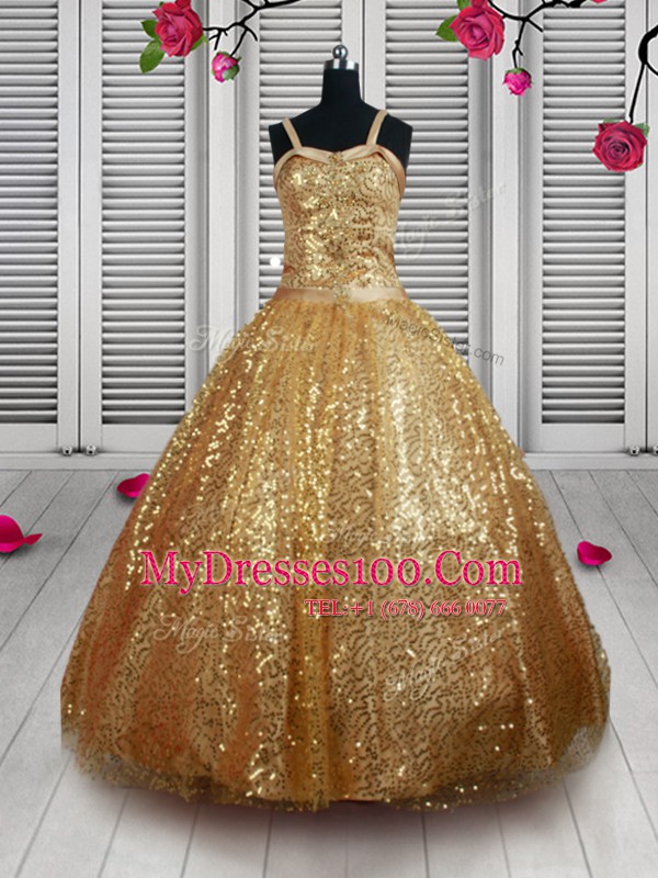 Flare Straps Sequins Floor Length Ball Gowns Sleeveless Gold Pageant Gowns For Girls Lace Up