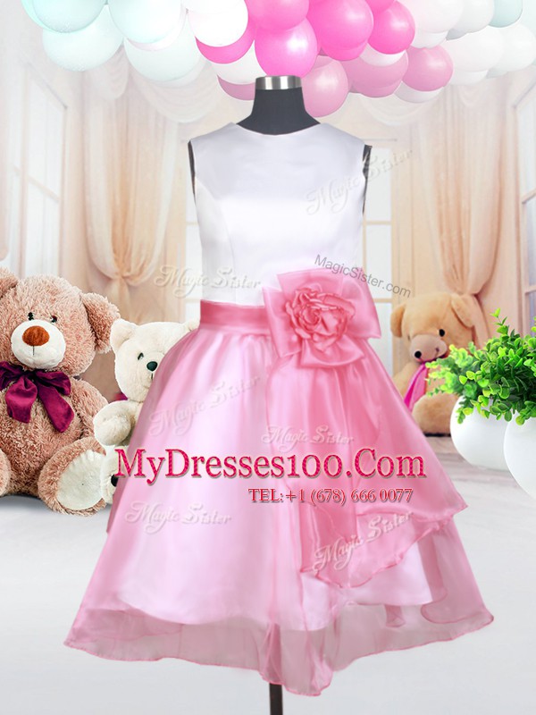 Fitting Scoop White and Pink And White Sleeveless Organza Zipper Toddler Flower Girl Dress for Quinceanera and Wedding Party