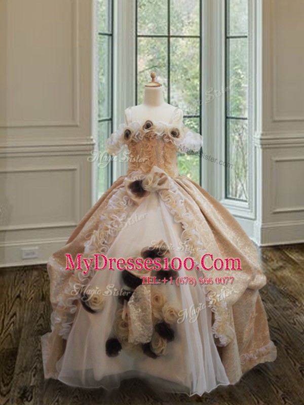 Graceful Champagne Toddler Flower Girl Dress Quinceanera and Wedding Party and For with Lace and Ruffles and Hand Made Flower Off The Shoulder Sleeveless Clasp Handle