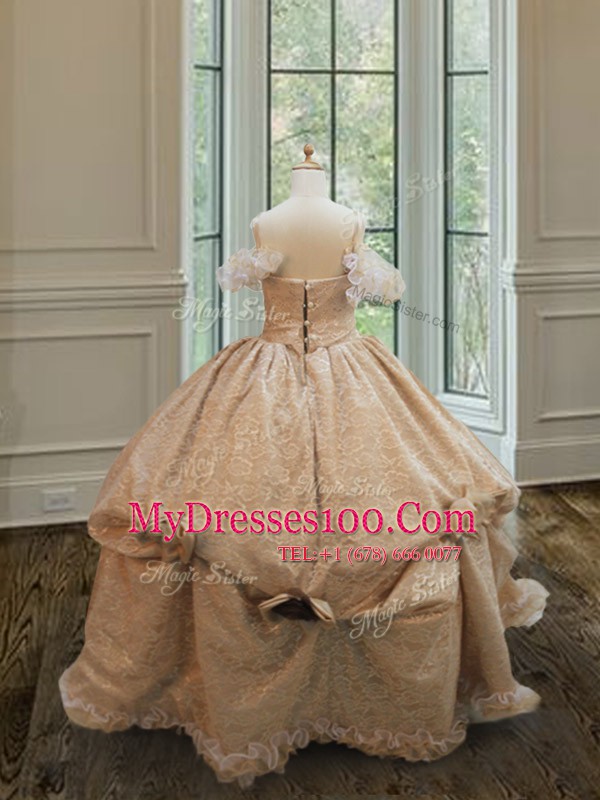 Graceful Champagne Toddler Flower Girl Dress Quinceanera and Wedding Party and For with Lace and Ruffles and Hand Made Flower Off The Shoulder Sleeveless Clasp Handle