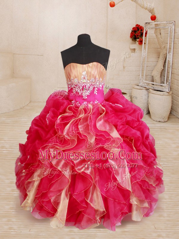 Wonderful Red Sleeveless Beading and Ruffles Floor Length Little Girls Pageant Dress